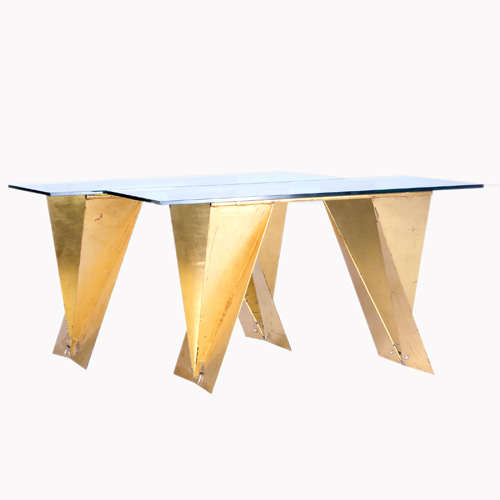 Appraisal: FRENCH Pair of tables with collapsible gilt steel bases and