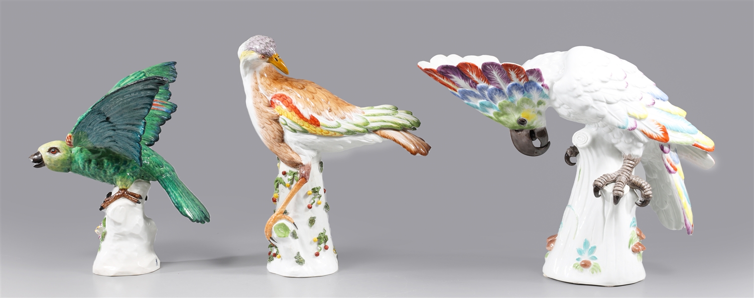 Appraisal: Group of three antique Meissen porcelain birds large rainbow cockatoo