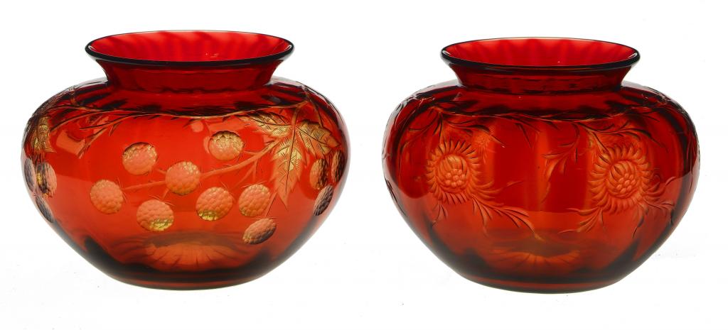 Appraisal: TWO INTAGLIO CUT VASES PROBABLY STEVENS WILLIAMS of two-colour cased