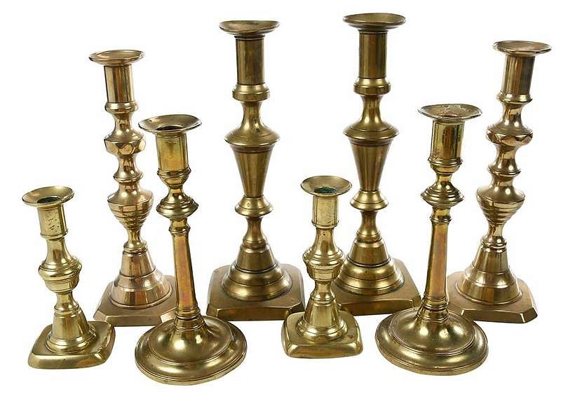 Appraisal: Four Pairs of Brass Candlesticks probably British th century all