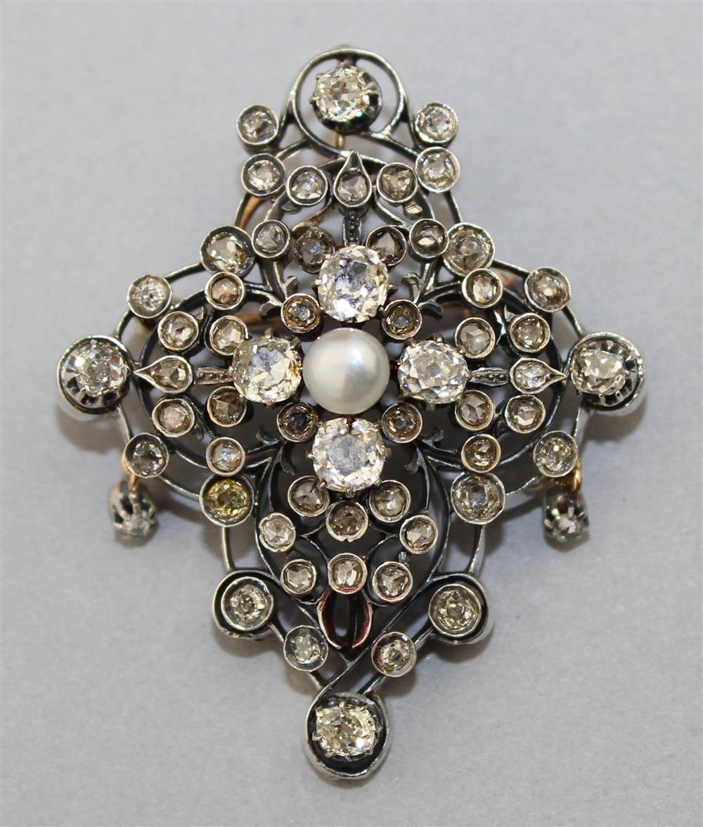 Appraisal: GEORGIAN DIAMOND AND PEARL PENDANT BROOCH the silver topped gold