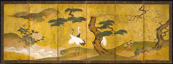 Appraisal: Kano School Birds and Flowers th century Small six panel