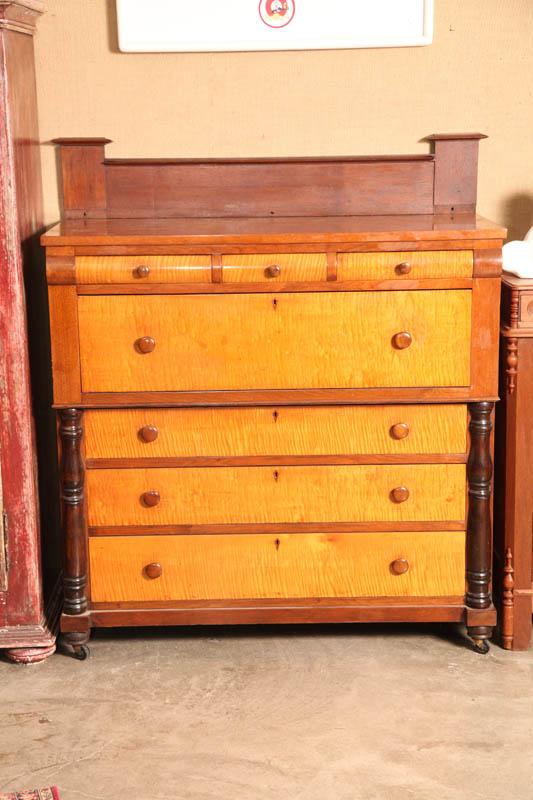 Appraisal: CHEST OF DRAWERS Walnut with curly maple drawer fronts backsplash