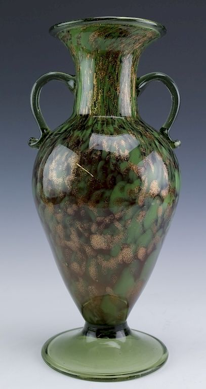 Appraisal: Italian Murano Handled Green Gold Art Glass Vase Hand blown