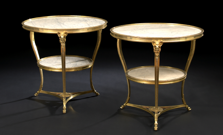 Appraisal: Pair of Empire-Style Gilt-Metal and Marble-Top Gueridons each with a