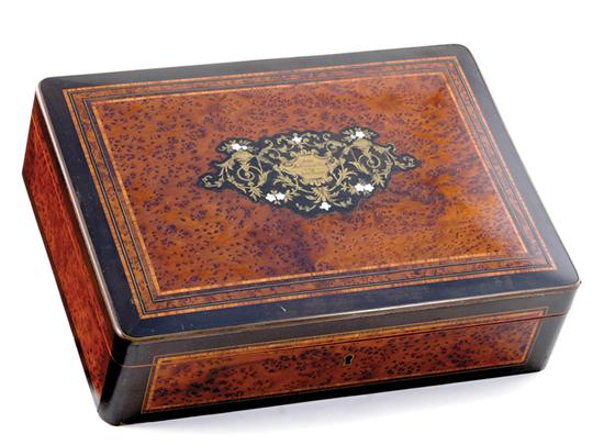 Appraisal: Burlwood brass and shell inlaid game box circa ornate mother-of-pearl