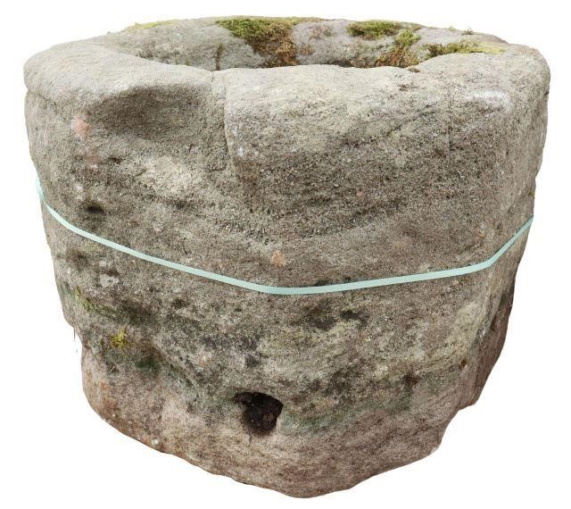 Appraisal: Rustic stone basin mortar thc irregular cylindrical form approx h