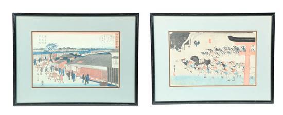 Appraisal: TWO WOODBLOCK PRINTS Japan th century Two street scenes in