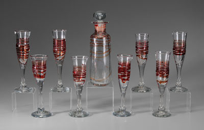 Appraisal: Myers Glass Decanter Set American th century with eight goblets