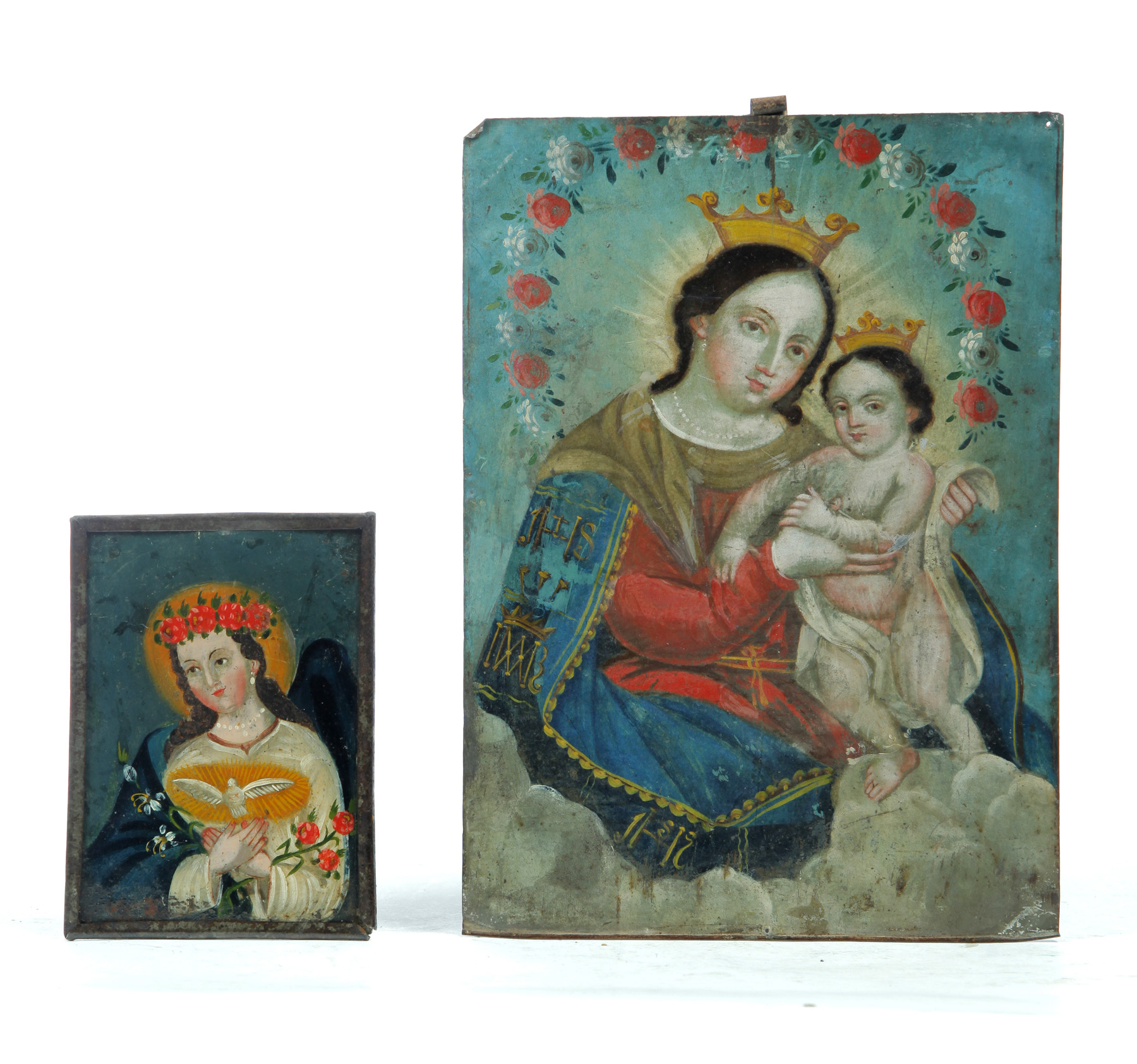 Appraisal: TWO RETABLOS Probably South American late th century Original paint