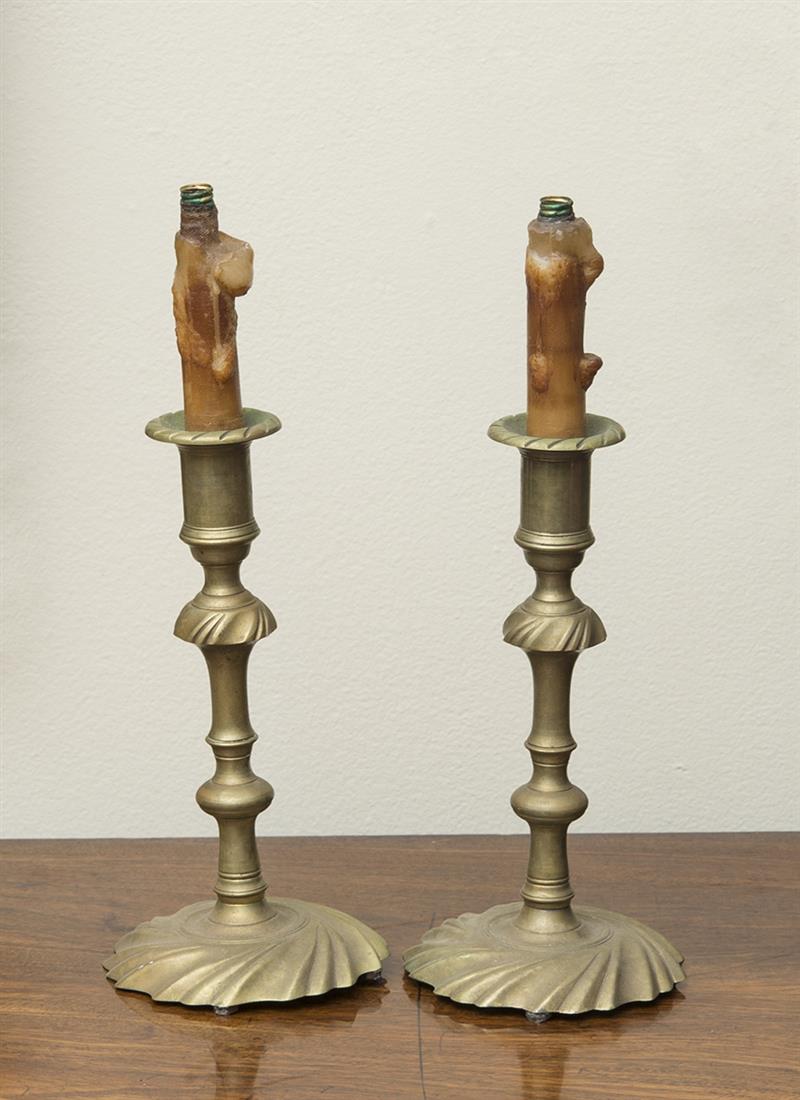 Appraisal: PAIR OF GEORGE II STYLE BRASS CANDLESTICK LAMPS Mark 'CW