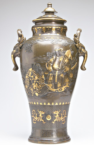 Appraisal: JAPANESE MIXED METAL Large covered vase with elephant head handles