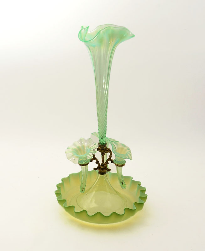 Appraisal: GREEN OPALESCENT ART GLASS EPERGNE Early th century green opalescent