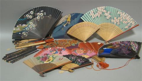 Appraisal: COLLECTION OF ASIAN FANS TEXTILES AND FOOTWEAR Including a quantity