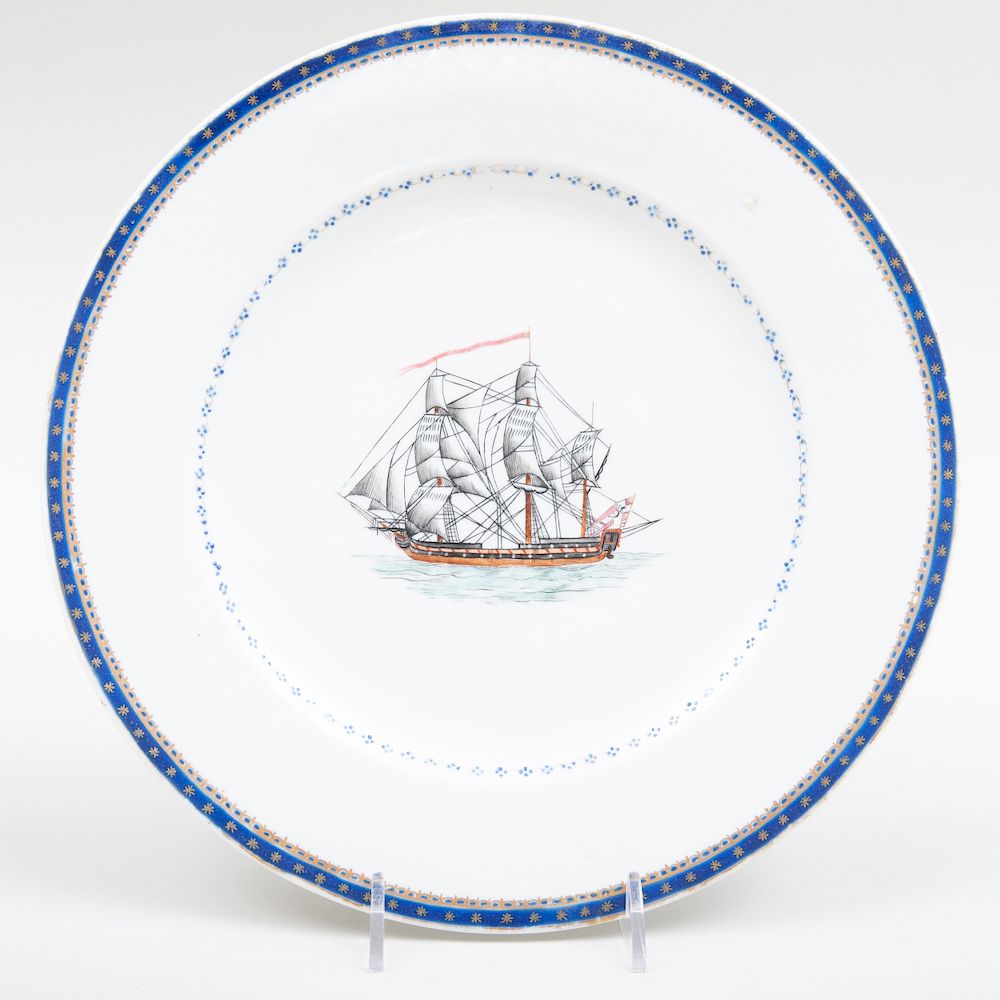 Appraisal: Chinese Export Porcelain Plate Decorated with a Danish Naval Ship