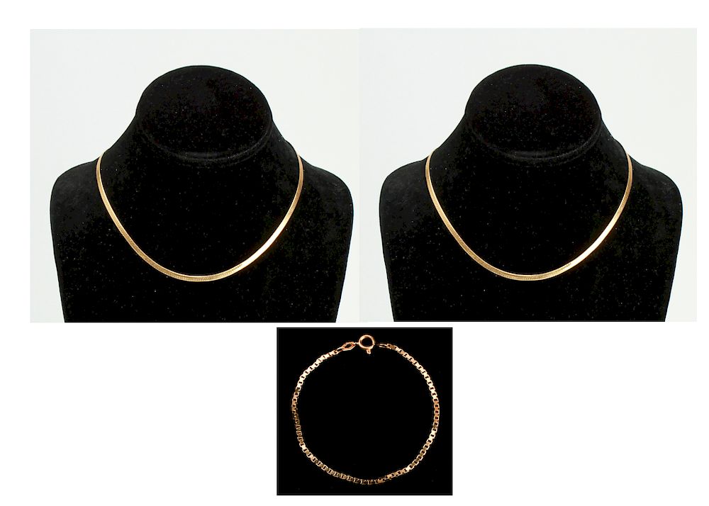 Appraisal: K Gold Herringbone Necklaces Box Link Bracelet K yellow gold