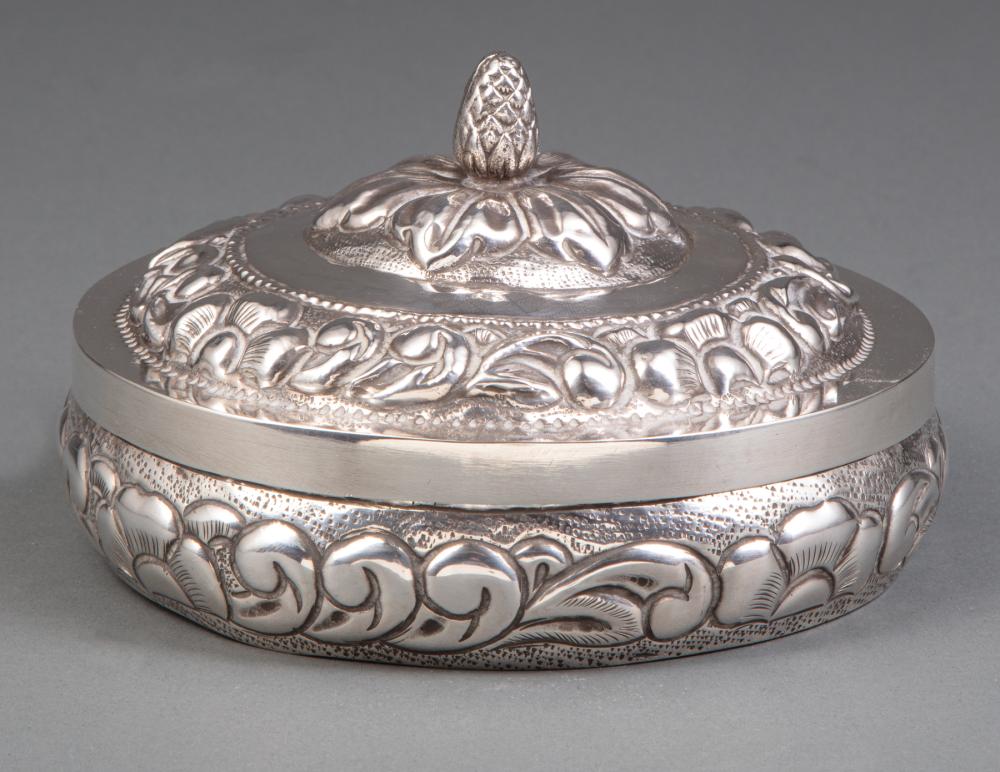 Appraisal: Peruvian Hand-Hammered Sterling Silver Covered Circular Box marked STERLING PERU