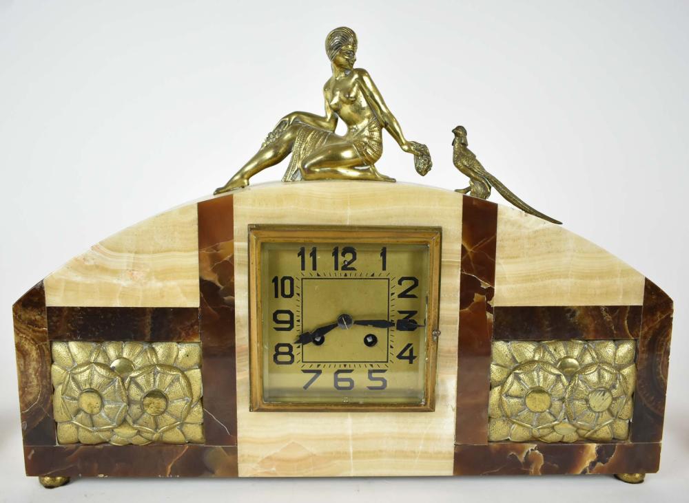 Appraisal: ART DECO GILT BRONZE AND ONYX CLOCK GARNITUREFrench Circa The