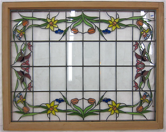 Appraisal: CUSTOM LEADED GLASS WINDOW in hardwood frame color floral border