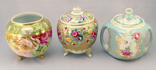 Appraisal: HAND PAINTED ROSE DECORATED NIPPON BISCUIT JARS AND ROSE BOWL