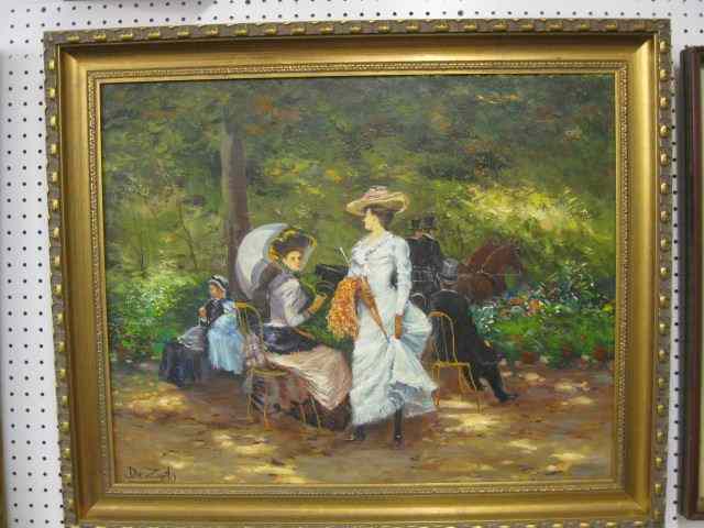 Appraisal: De Zurito Oil Figures in the Park carriageleaving image area