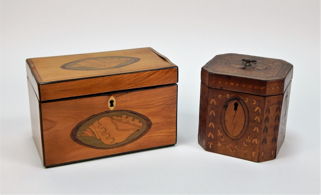 Appraisal: ANTIQUE GEORGIAN INLAID TEA CADDIES England th- th CenturyIncludes a