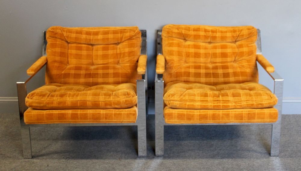 Appraisal: MIDCENTURY Pair of C Y Mann Orange Upholstered Chrome Armchairs