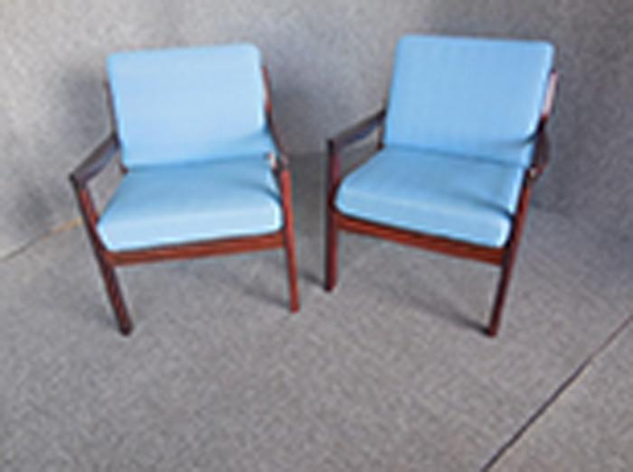 Appraisal: PAIR OF OLE WANSCHER DANISH - ROSEWOOD ARMCHAIRS WITH BLUE