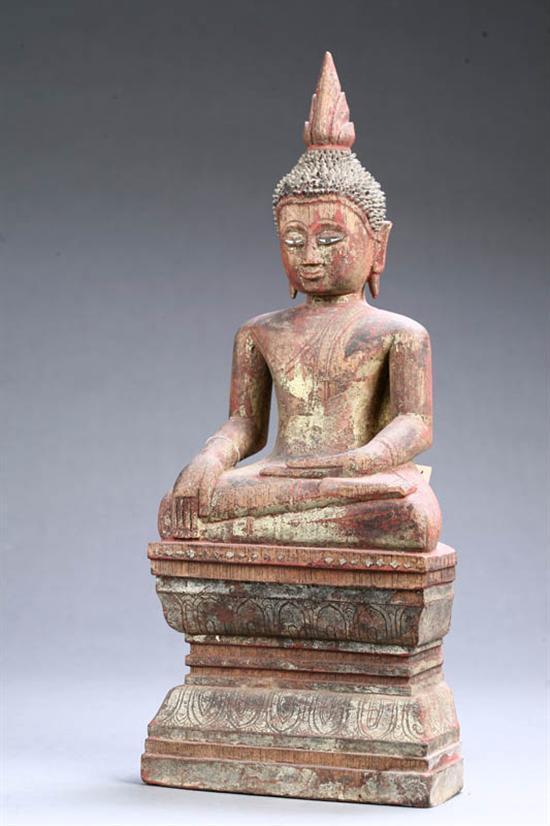 Appraisal: SEATED BUDDHA Asian th century hardwood Carved seated figure on