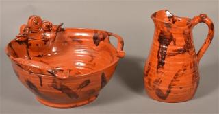 Appraisal: Breininger Pottery Pitcher and Bowl Breininger Pottery Mottle Glazed Redware