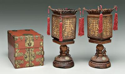 Appraisal: Pair Chinese lanterns red lacquer box table lanterns carved wood