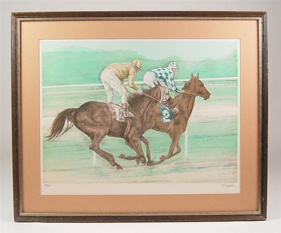 Appraisal: Tomessi Framed Print Horse racing scene Signed and numbered in