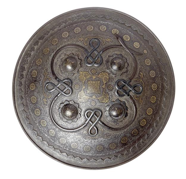 Appraisal: A RARE PERSIAN IRON SIPAR SHIELD DAMASCENED IN GOLD SILVER