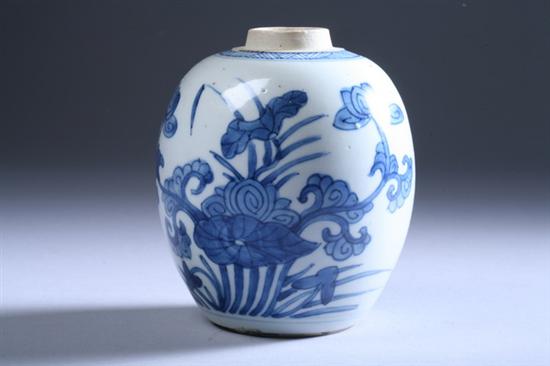 Appraisal: CHINESE BLUE AND WHITE PORCELAIN JAR Kangxi period Floral decoration