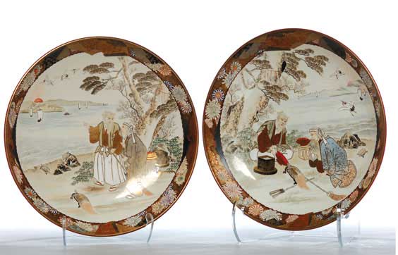 Appraisal: PAIR ANTIQUE KUTANI CHARGERS Pair of large antique Japanese Kutani