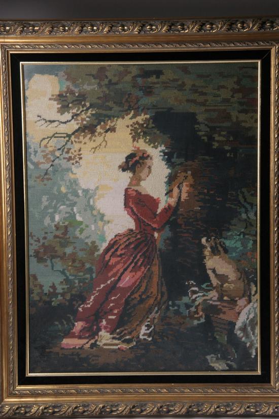 Appraisal: NEEDLEPOINT PICTURE OF YOUNG GIRL IN LANDSCAPE th century Worked