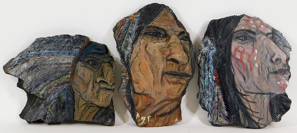 Appraisal: PC Native American Slate Stone Portrait Paintings United States Early