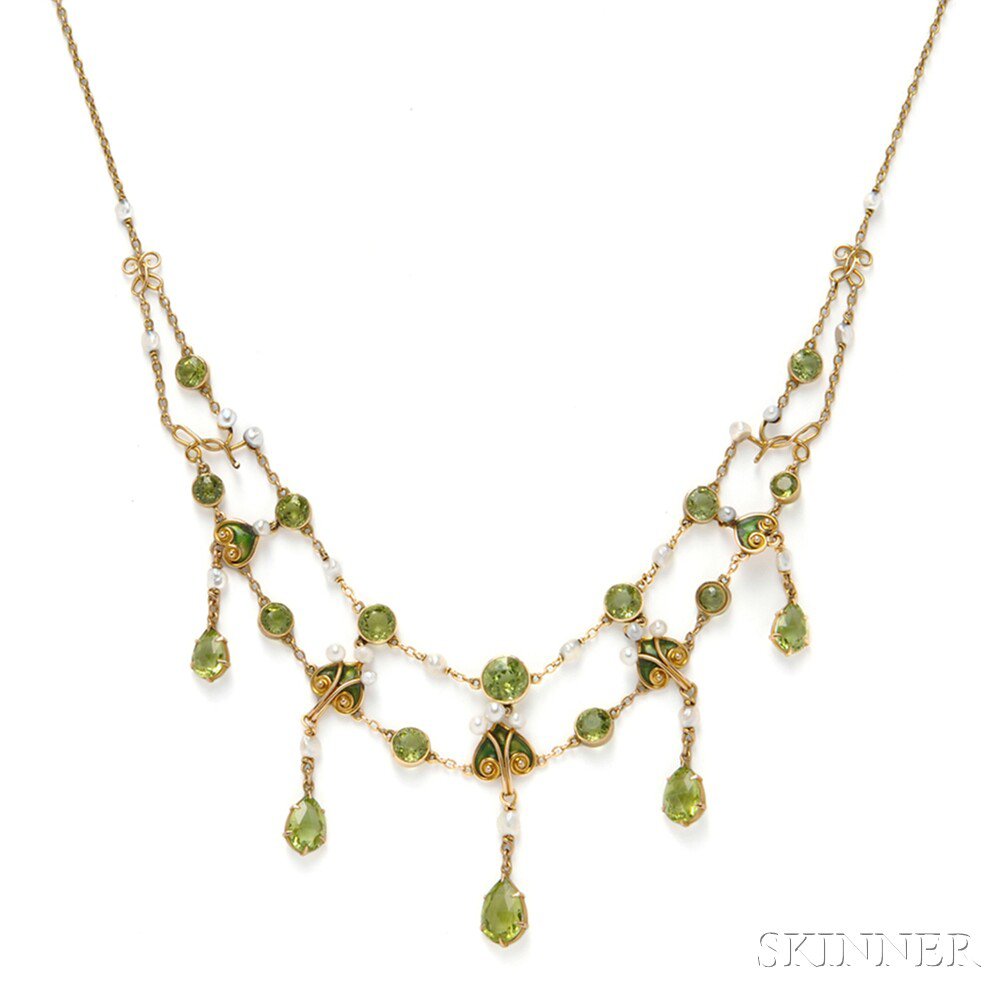 Appraisal: Art Nouveau kt Gold Peridot and Enamel Necklace with bezel-set