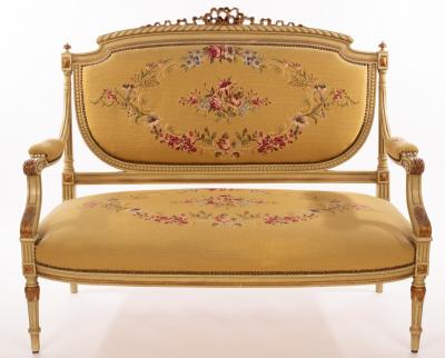 Appraisal: An upholstered salon suite the parcel gilt frames green painted