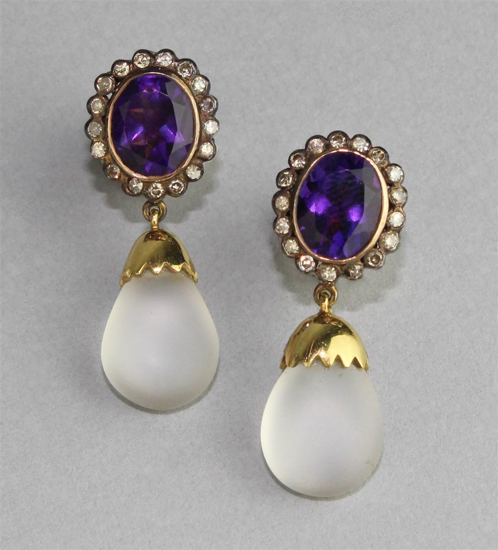 Appraisal: PAIR OF AMETHYST DIAMOND AND GOLD DROP EARRINGS the earrings