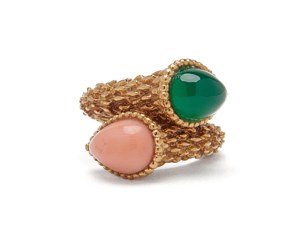 Appraisal: BOUCHERON K Gold Coral and Chrysoprase Bypass Ring the textured