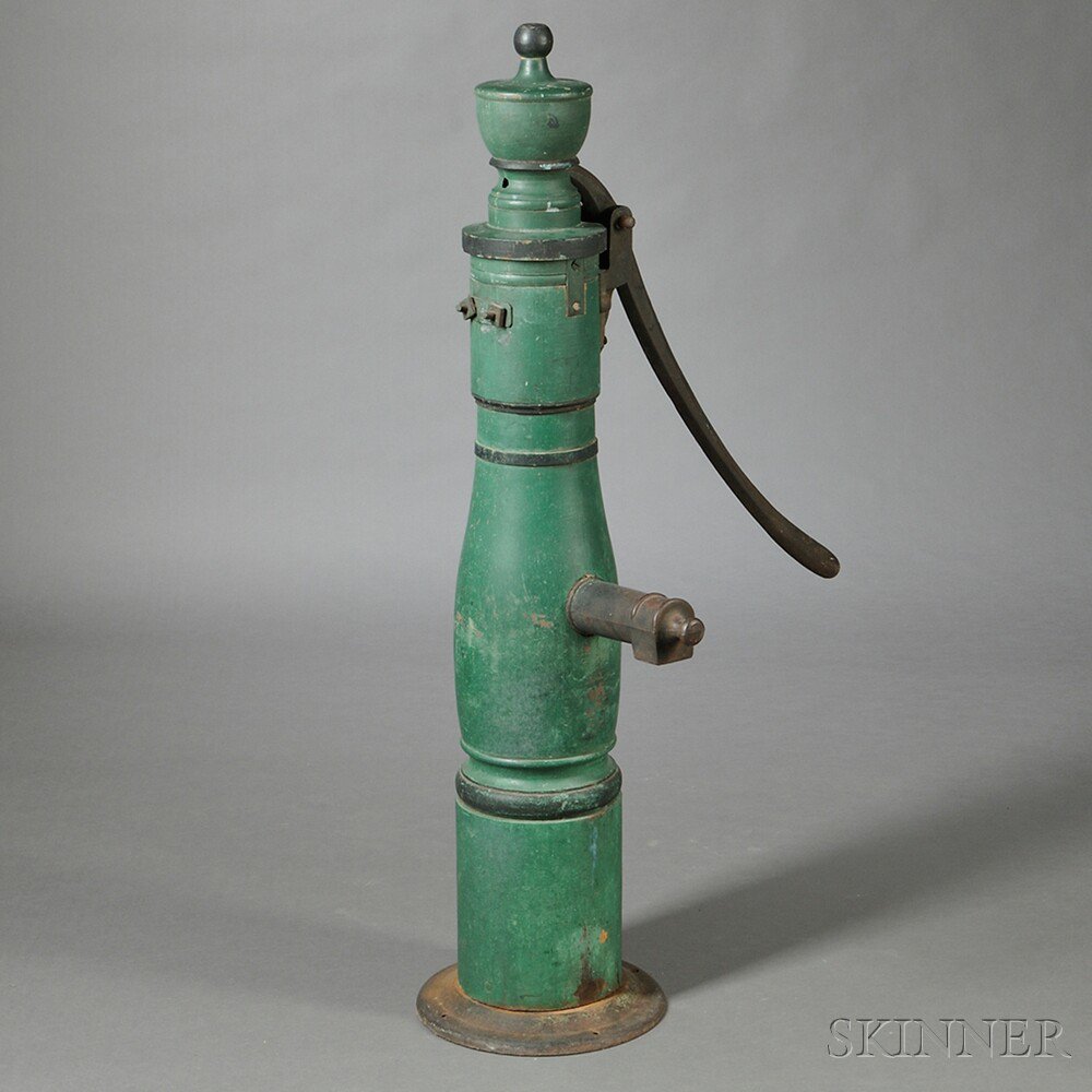 Appraisal: Green-painted Wood and Iron Pump America late th century baluster-form