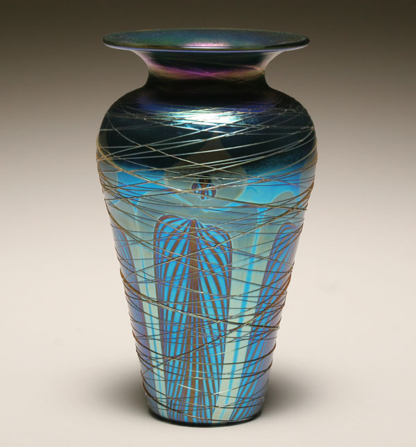 Appraisal: Carl Radke American iridescent studio art glass vase Tapered blue