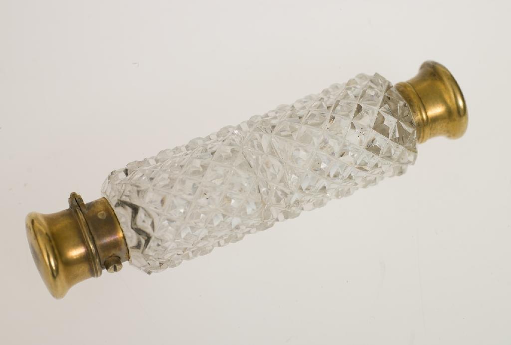 Appraisal: CUT-GLASS DOUBLE-ENDED SCENT BOTTLE LATE th CENTURY one end hinged