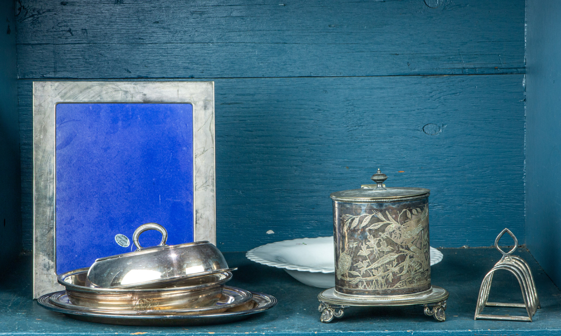 Appraisal: ONE BIN INCLUDING A VICTORIAN SILVER PLATED DOUBLE BISCUIT BOX