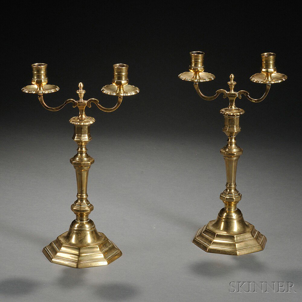 Appraisal: Pair of Convertible Brass Octagonal-base Candlesticks Candelabra England early th