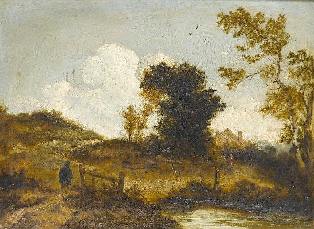 Appraisal: NORWICH SCHOOL WOODED LANDSCAPE WITH FIGURES oak panel x cm