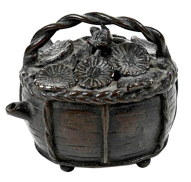 Appraisal: Chinese Bronze Water Dropper Basket Form th century basket with