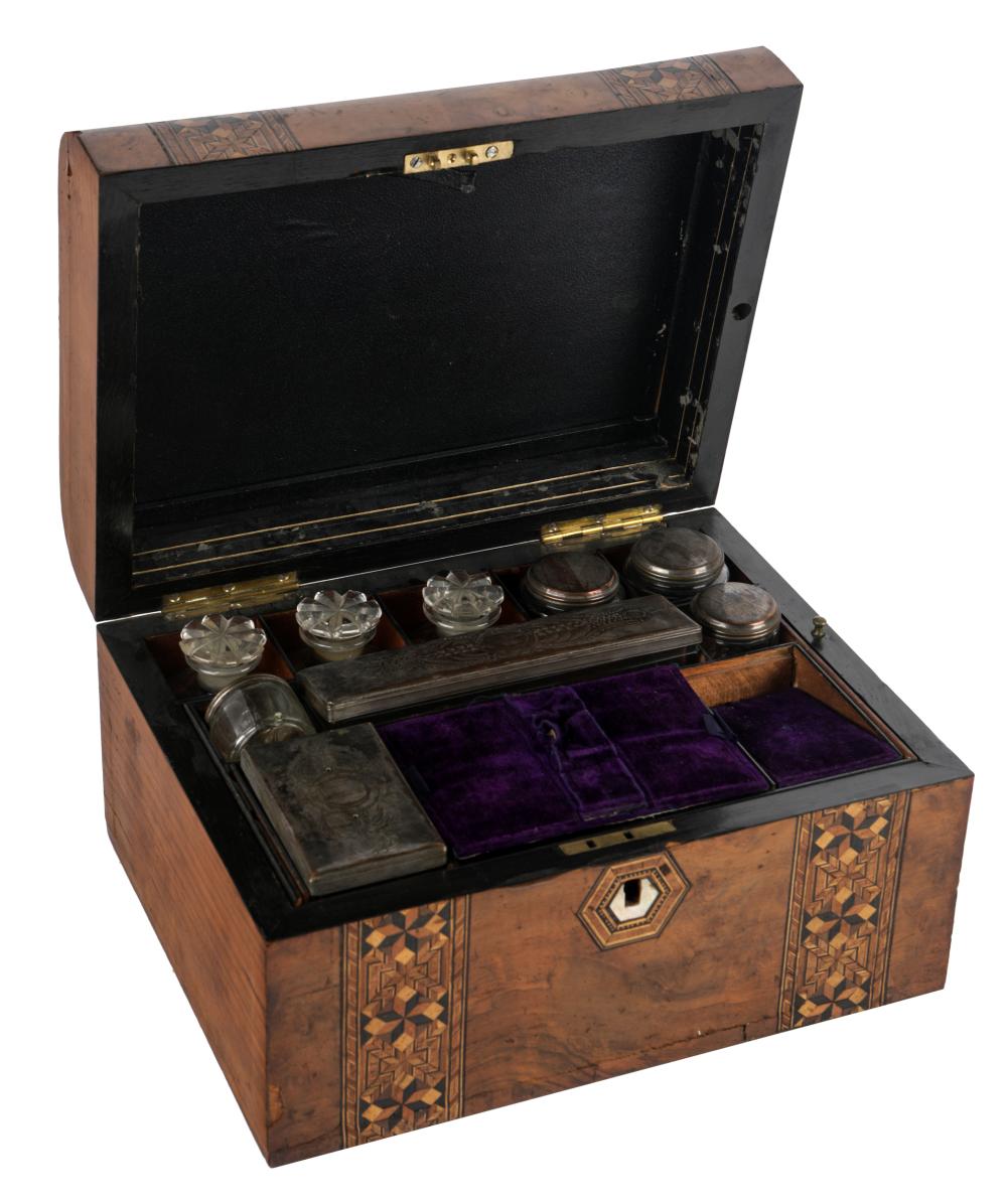 Appraisal: ENGLISH INLAID WALNUT DRESSER BOXthe hinged top enclosing five compartments