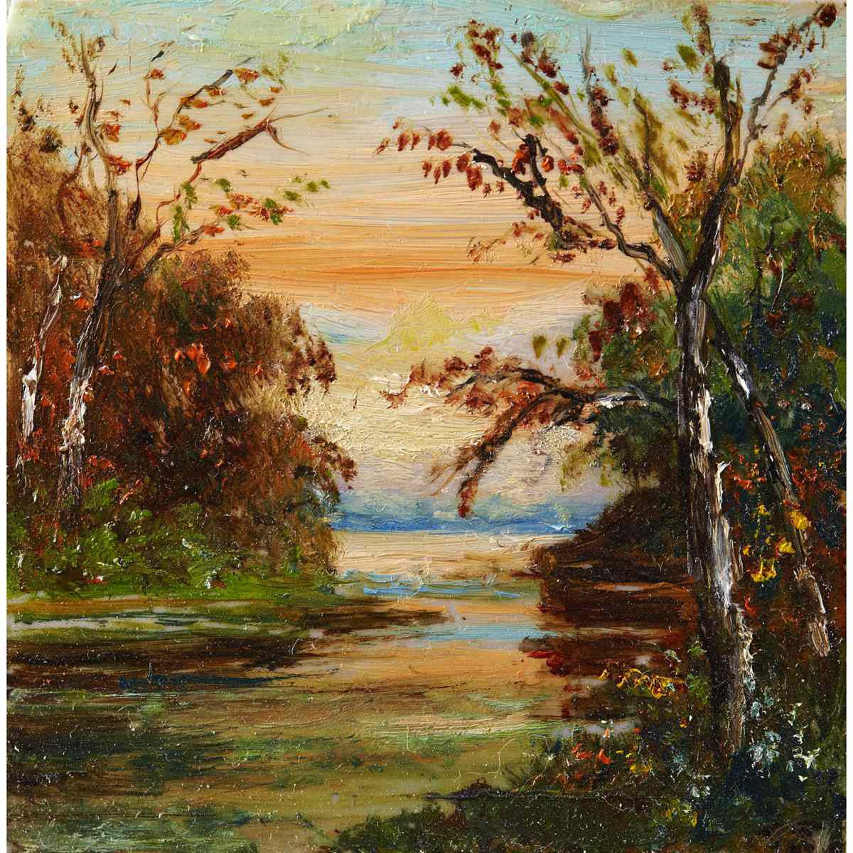 Appraisal: TOM THOMSON RIVER SCENE Medium oil on glass signed with